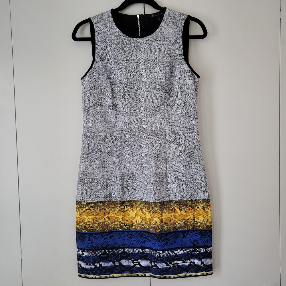 Kenneth Cole NY The Klein Sheath Dress Black White Blue Yellow Print Size 4